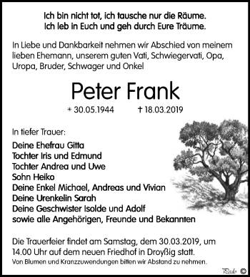 Traueranzeige von Peter Frank von Mitteldeutsche Zeitung Zeitz