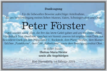 Traueranzeige von Peter Förster von WVG - Wochenspiegel Merseburg
