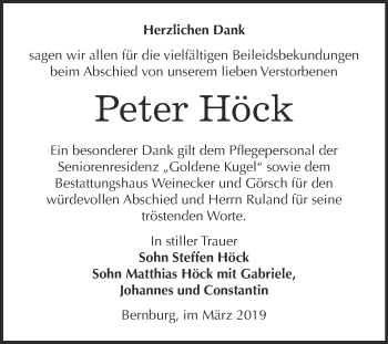 Traueranzeige von Peter Höck von Super Sonntag Bernburg