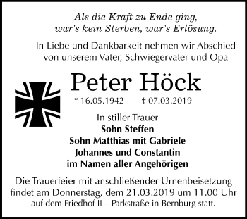 Traueranzeige von Peter Höck von Mitteldeutsche Zeitung Bernburg