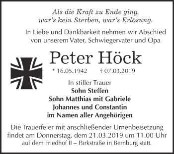 Traueranzeige von Peter Höck von Super Sonntag Bernburg