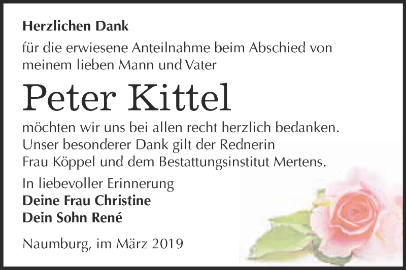  Traueranzeige für Peter Kittel vom 13.03.2019 aus WVG - Wochenspiegel NMB / WSF / ZTZ