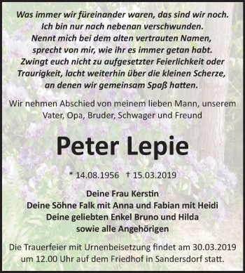 Traueranzeige von Peter Lepie von Mitteldeutsche Zeitung Bitterfeld
