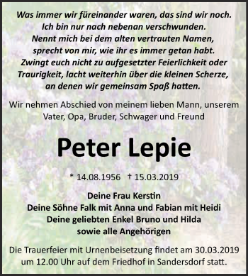 Traueranzeige von Peter Lepie von WVG - Wochenspiegel Bitterfeld