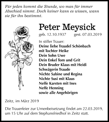 Traueranzeige von Peter Meysick von Mitteldeutsche Zeitung Zeitz