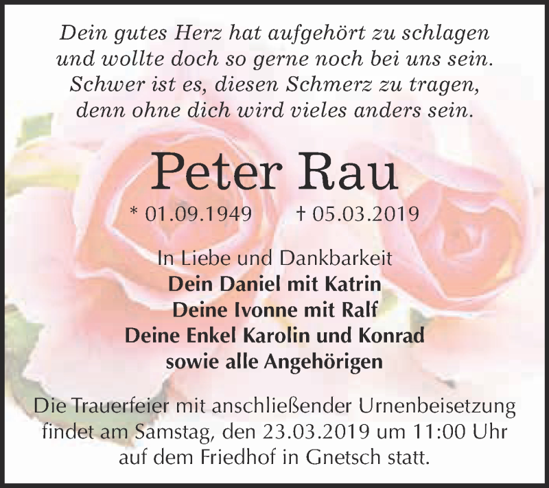  Traueranzeige für Peter Rau vom 11.03.2019 aus WVG - Wochenspiegel Dessau / Köthen