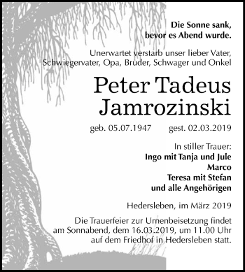 Traueranzeige von Peter Tadeus Jamrozinski von Wochenspiegel Mansfelder Land