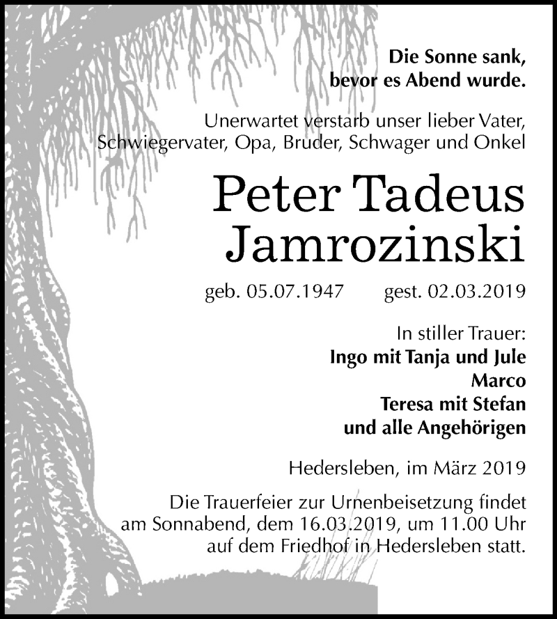  Traueranzeige für Peter Tadeus Jamrozinski vom 13.03.2019 aus Mitteldeutsche Zeitung Mansfelder Land