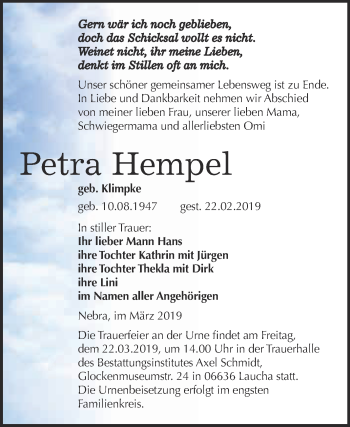 Traueranzeige von Petra Hempel von WVG - Wochenspiegel NMB / WSF / ZTZ