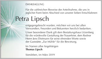 Traueranzeige von Petra Lipsch von Mitteldeutsche Zeitung Mansfelder Land