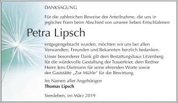 Traueranzeige von Petra Lipsch von Super Sonntag SGH Mansf. Land