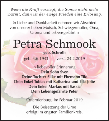 Traueranzeige von Petra Schmook von Mitteldeutsche Zeitung Köthen