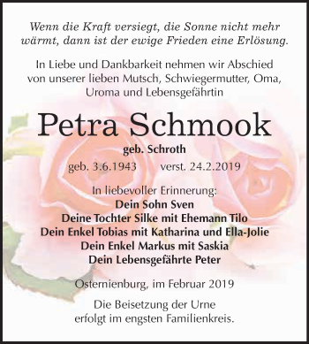 Traueranzeige von Petra Schmook von WVG - Wochenspiegel Dessau / Köthen