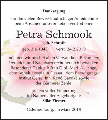 Traueranzeige von Petra Schmook von Mitteldeutsche Zeitung Köthen