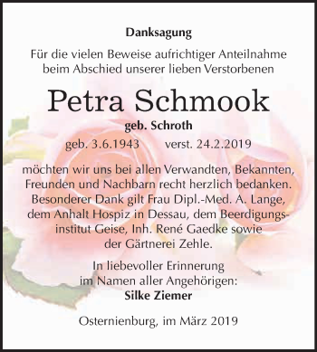 Traueranzeige von Petra Schmook von WVG - Wochenspiegel Dessau / Köthen