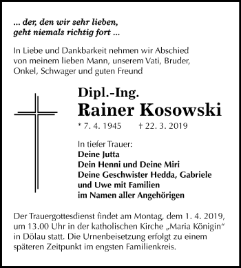Traueranzeige von Rainer Kosowski von Mitteldeutsche Zeitung Halle/Saalkreis