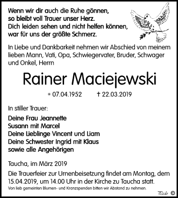 Traueranzeige von Rainer Maciejewski von Mitteldeutsche Zeitung Weißenfels