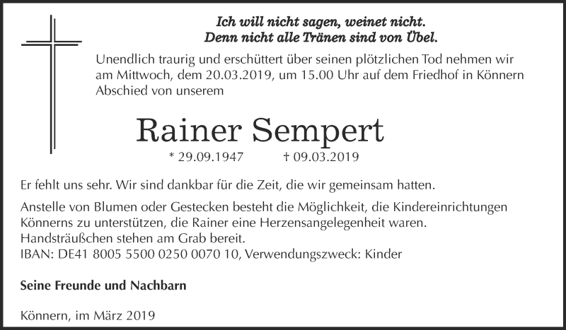  Traueranzeige für Rainer Sempert vom 16.03.2019 aus Super Sonntag Bernburg