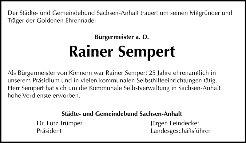  Traueranzeige für Rainer Sempert vom 16.03.2019 aus Mitteldeutsche Zeitung