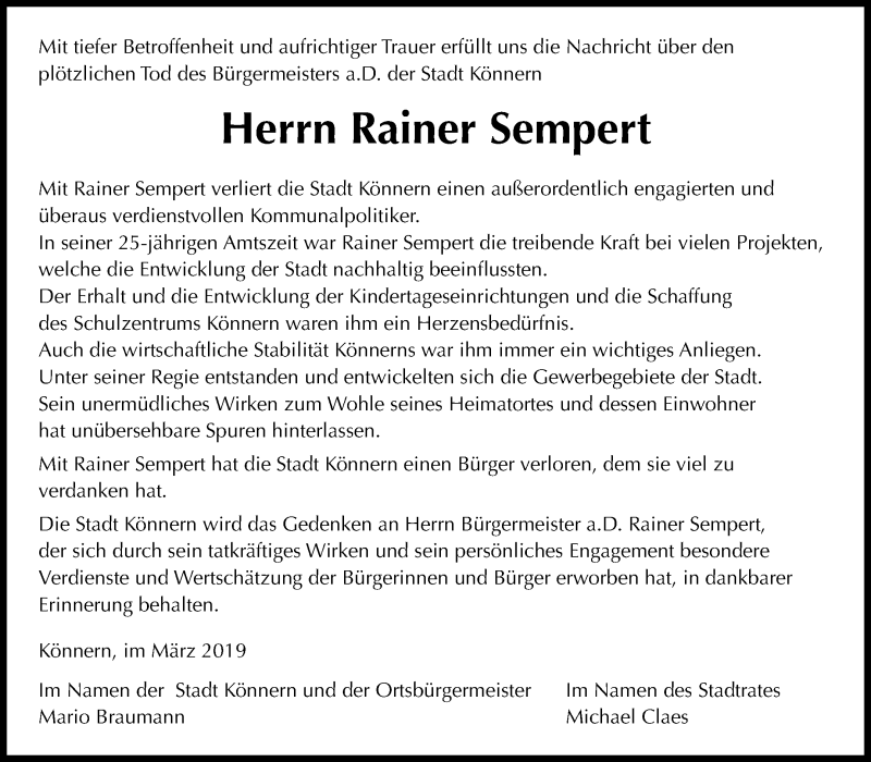  Traueranzeige für Rainer Sempert vom 19.03.2019 aus Mitteldeutsche Zeitung