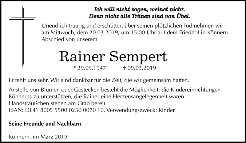  Traueranzeige für Rainer Sempert vom 16.03.2019 aus Mitteldeutsche Zeitung Halle/Saalkreis