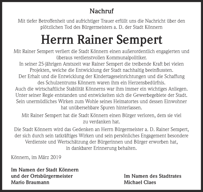  Traueranzeige für Rainer Sempert vom 16.03.2019 aus Super Sonntag Bernburg