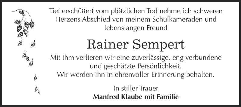  Traueranzeige für Rainer Sempert vom 16.03.2019 aus Super Sonntag Bernburg