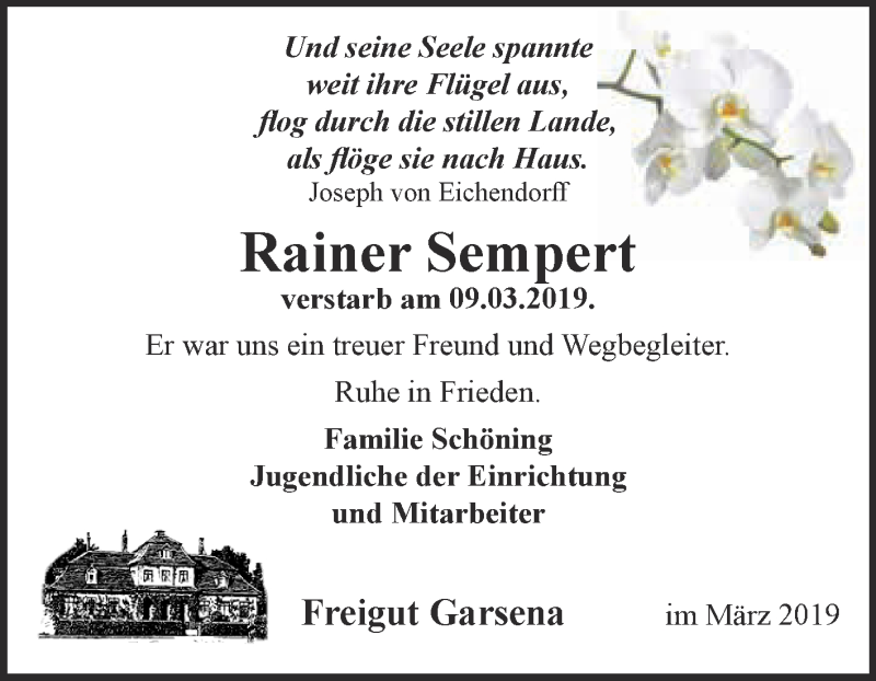  Traueranzeige für Rainer Sempert vom 16.03.2019 aus Super Sonntag Bernburg