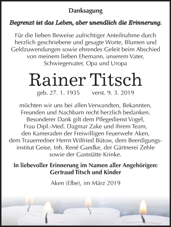 Traueranzeige von Rainer Titsch von Mitteldeutsche Zeitung Köthen