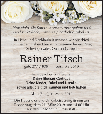 Traueranzeige von Rainer Titsch von Mitteldeutsche Zeitung Köthen