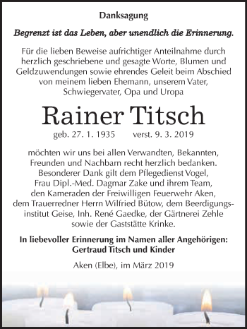 Traueranzeige von Rainer Titsch von WVG - Wochenspiegel Dessau / Köthen