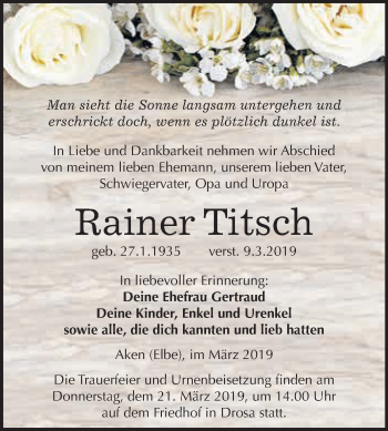 Traueranzeige von Rainer Titsch von WVG - Wochenspiegel Dessau / Köthen