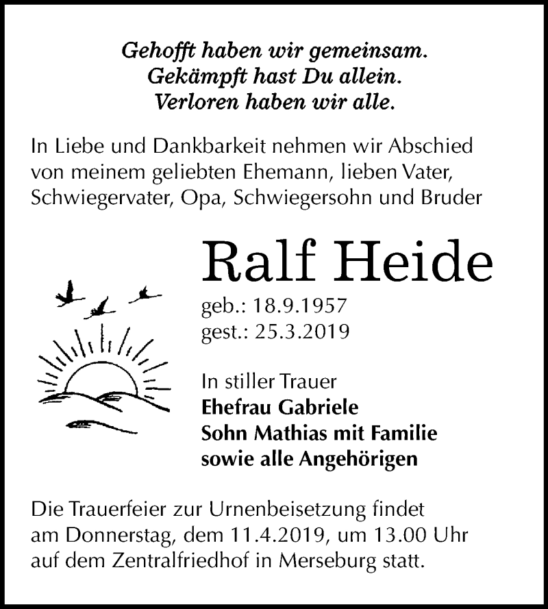  Traueranzeige für Ralf Heide vom 30.03.2019 aus WVG - Wochenspiegel Merseburg