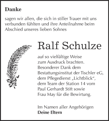 Traueranzeige von Ralf Schulze von WVG - Wochenspiegel Wittenberg