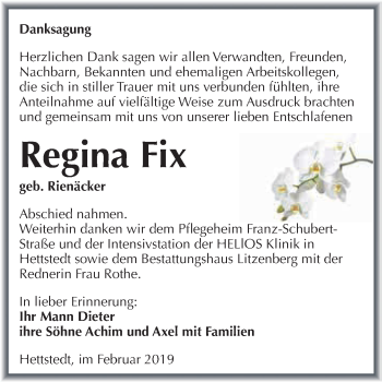 Traueranzeige von Regina Fix von Super Sonntag SGH Mansf. Land