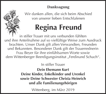 Traueranzeige von Regina Freund von WVG - Wochenspiegel Wittenberg