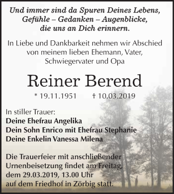 Traueranzeige von Reiner Berend von WVG - Wochenspiegel Bitterfeld