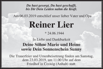 Traueranzeige von Reiner Lier von WVG - Wochenspiegel Dessau / Köthen