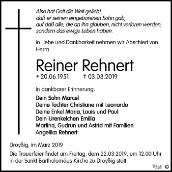 Traueranzeige von Reiner Rehnert von WVG - Wochenspiegel NMB / WSF / ZTZ