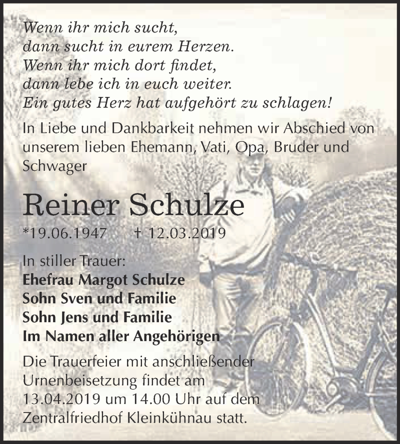  Traueranzeige für Reiner Schulze vom 23.03.2019 aus WVG - Wochenspiegel Dessau / Köthen