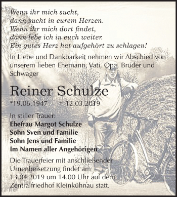 Traueranzeige von Reiner Schulze von Mitteldeutsche Zeitung Dessau-Roßlau