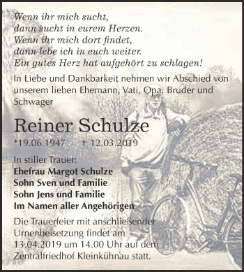 Traueranzeige von Reiner Schulze von WVG - Wochenspiegel Dessau / Köthen