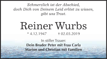 Traueranzeige von Reiner Wurbs von Super Sonntag Wittenberg