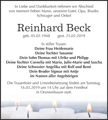 Traueranzeige von Reinhard Beck von Super Sonntag Wittenberg