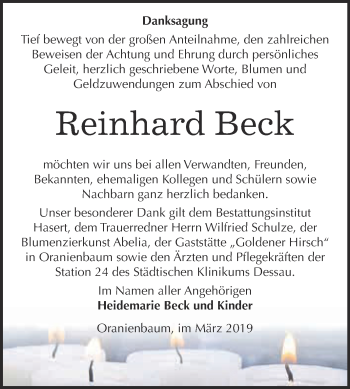 Traueranzeige von Reinhard Beck von Super Sonntag Wittenberg