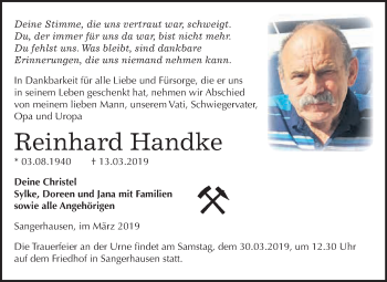 Traueranzeige von Reinhard Handke von Super Sonntag SGH Mansf. Land