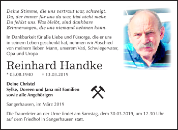 Traueranzeige von Reinhard Handke von Mitteldeutsche Zeitung