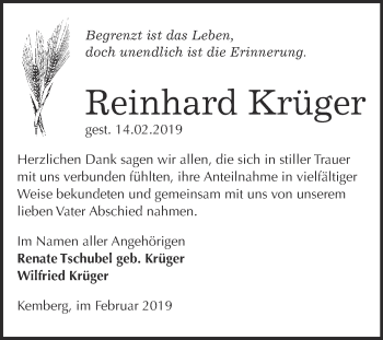 Traueranzeige von Reinhard Krüger von WVG - Wochenspiegel Wittenberg
