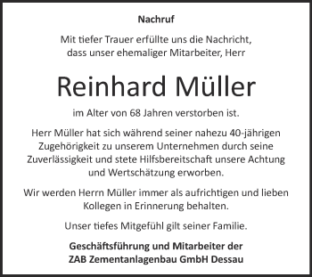 Traueranzeige von Reinhard Müller von Super Sonntag Dessau / Köthen
