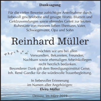 Traueranzeige von Reinhard Müller von WVG - Wochenspiegel Dessau / Köthen